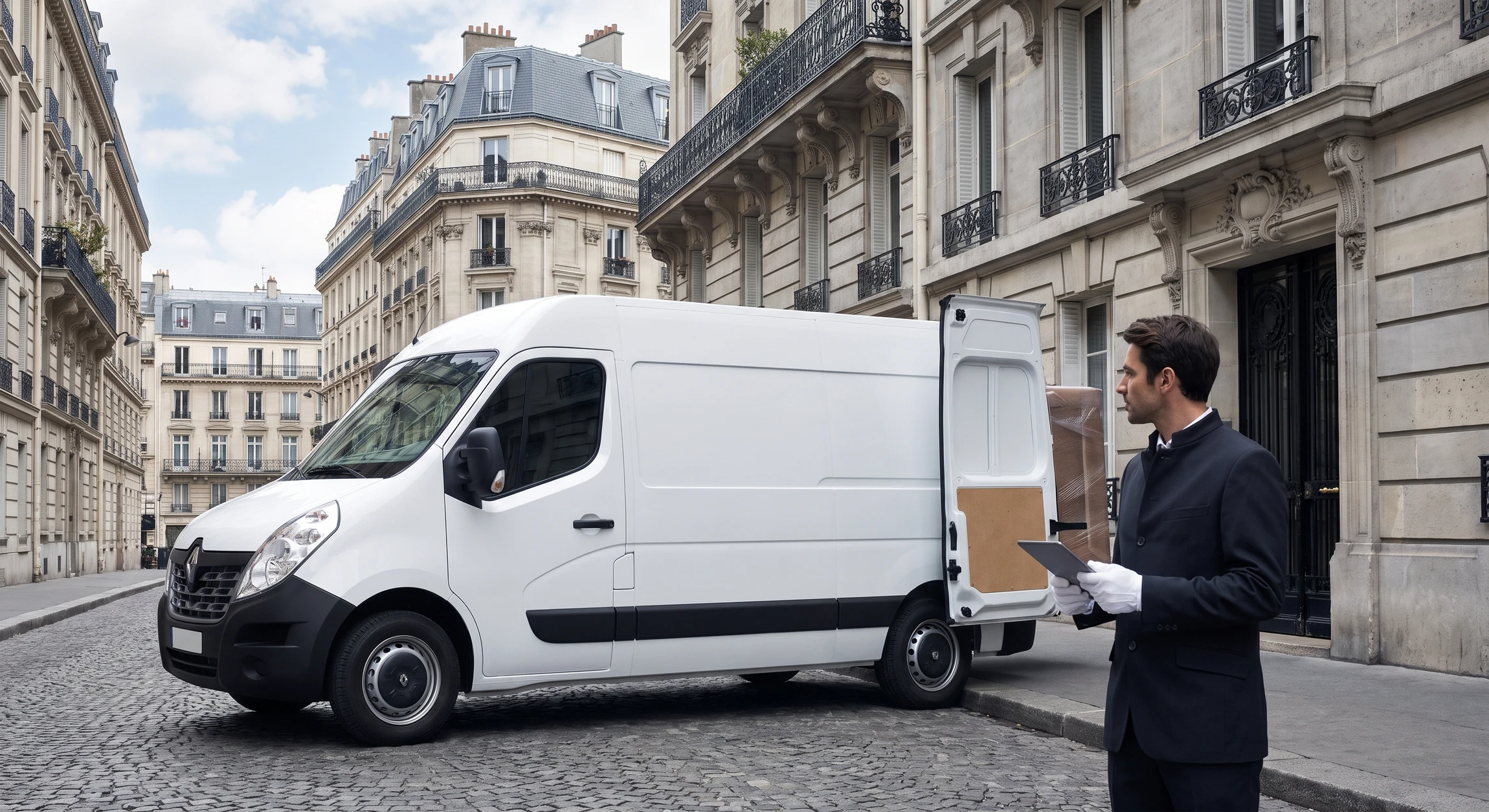 Déménageur en uniforme noir "White Glove Logistics", gants blancs, manipule un fauteuil Eames lounge chair en palissandre et cuir noir dans un salon luxueux
