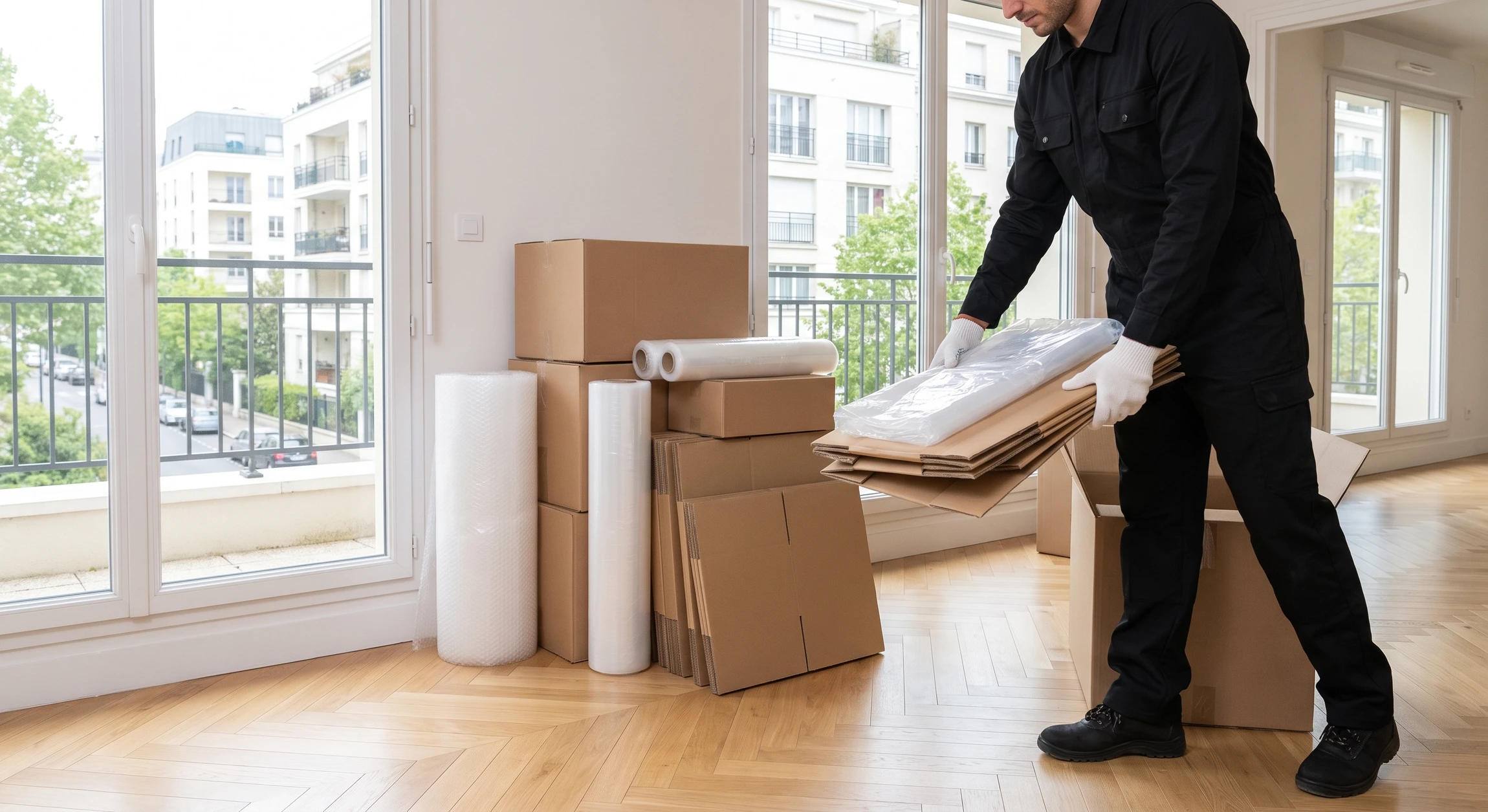 Chantier résidentiel haut de gamme après installation de mobilier, pile de cartons d'emballage en carton ondulé de différentes tailles et films plastiques transparent empilés au sol contre un mur, logisticien en uniforme noir et gants blancs évacuant les débris d'emballage, espace intérieur lumineux et épuré, parquet clair.