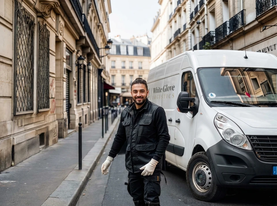 Livreur souriant en tenue de travail noire et gants blancs, debout devant un fourgon blanc "White Glove Logistics", dans une rue haussmannienne parisienne