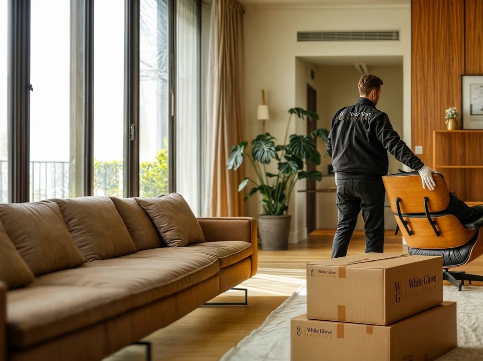 Déménageur en uniforme noir "White Glove Logistics", gants blancs, manipule un fauteuil Eames lounge chair en palissandre et cuir noir dans un salon luxueux