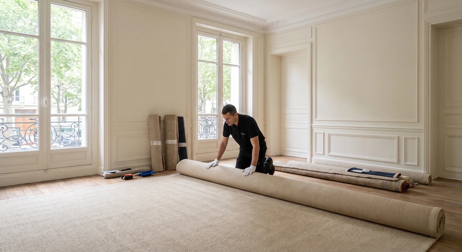 Technicien en uniforme noir et gants blancs déroulant minutieusement un tapis d'exception beige clair sur le sol d'une chambre d'hôtel en cours de rénovation, murs repeints ivoire, détails de l'installation du tapis visibles, ambiance luxe discret.