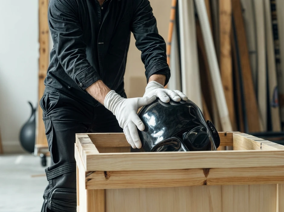 Dirigeant en chemise professionnelle gris clair debout bras croisés dans un entrepôt spacieux de mobilier haut de gamme, entouré de canapés design, chaises contemporaines et éléments de décoration de prestige soigneusement rangés. Espace lumineux avec sol béton poli, rayonnages métalliques discrets. Posture confiante, regard direct, reflet de l'expertise et de la maîtrise de la chaîne logistique d'aménagement intérieur.