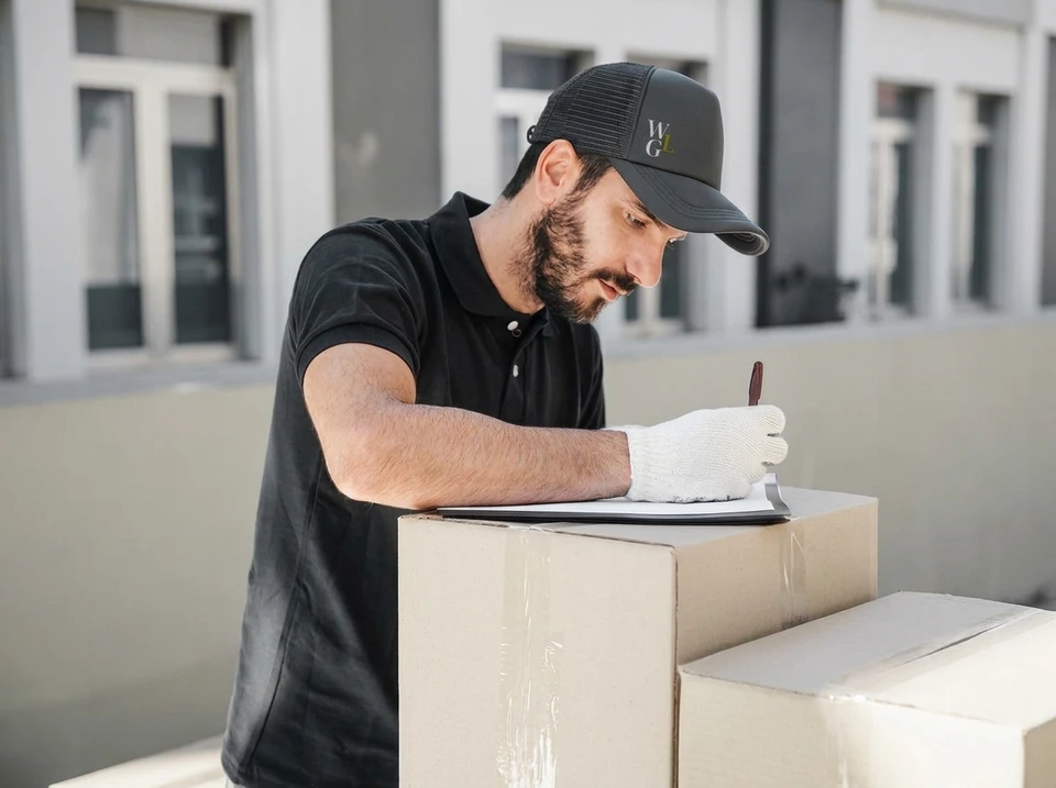 Entrepôt logistique avec employé en tenue de travail orange et grise consultant une tablette numérique