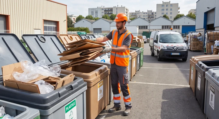 Entrepôt industriel, murs en briques, cartons empilés en arrière-plan