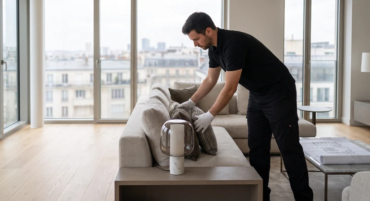 Livreur souriant en tenue de travail noire et gants blancs, debout devant un fourgon blanc "White Glove Logistics", dans une rue haussmannienne parisienne
