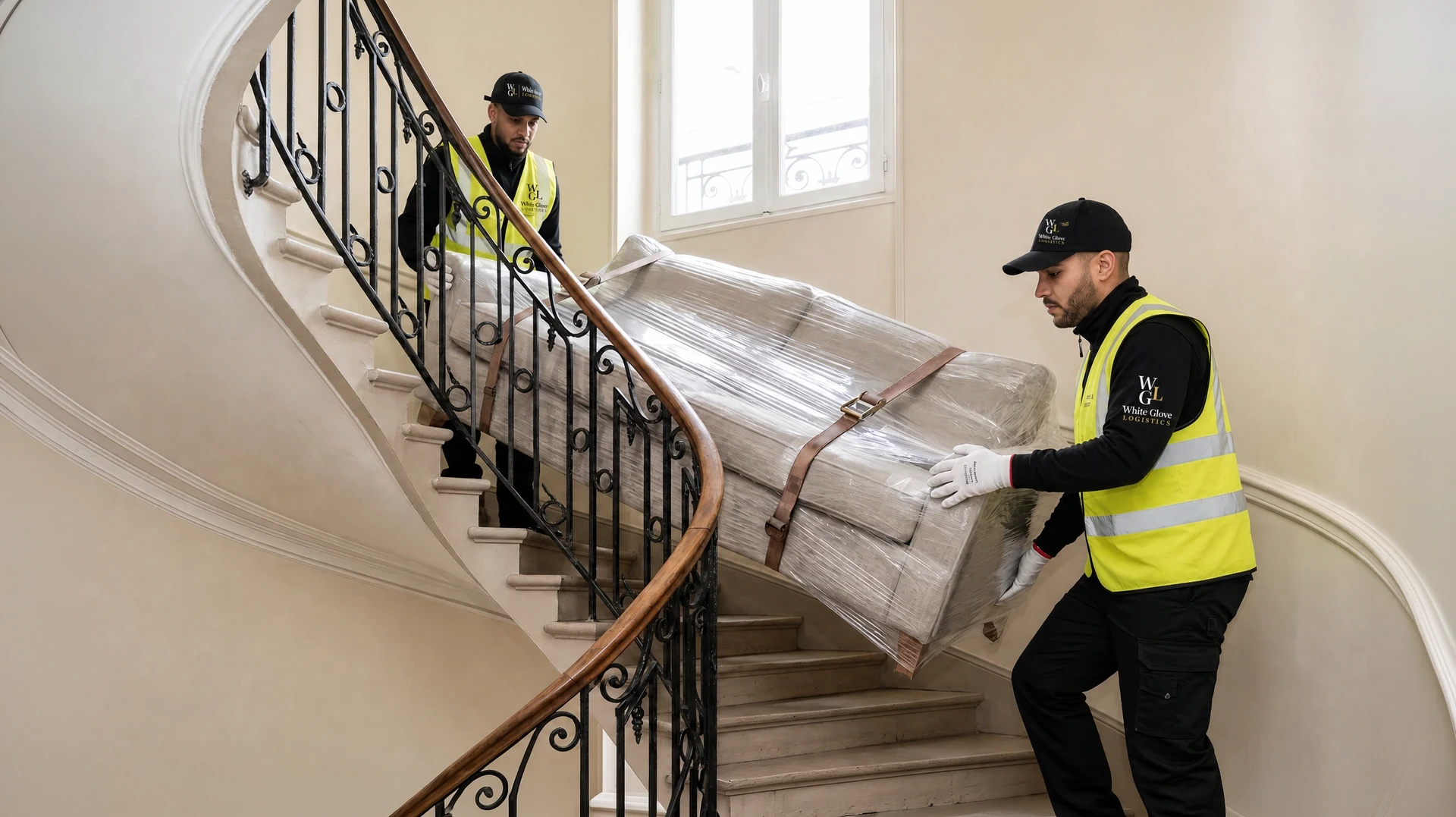 Chauffeur-livreur vêtu en uniforme noir avec gants blancs, souriant au téléphone portable, assis à l'intérieur d'une camionnette utilitaire blanche Renault Master. Logo "White Glove Logistics" visible sur la portière du véhicule. Environnement urbain parisien en arrière-plan à travers la vitre, trottoir pavé, bâtiments haussmanniens gris. Atmosphère professionnelle, lumière naturelle.