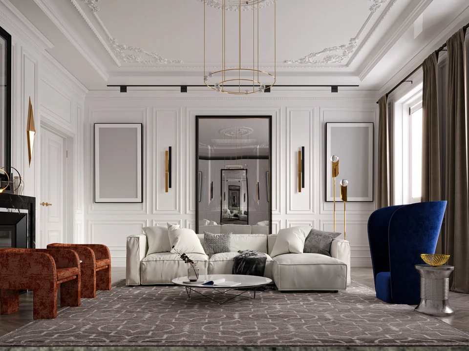 Déménageur en uniforme noir "White Glove Logistics", gants blancs, manipule un fauteuil Eames lounge chair en palissandre et cuir noir dans un salon luxueux